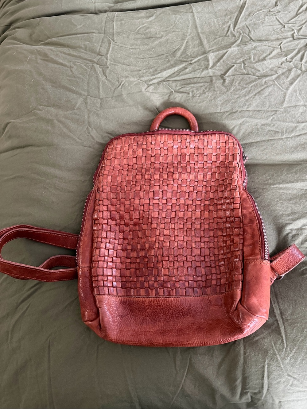 Woven Leather Backpack in Burnt Red